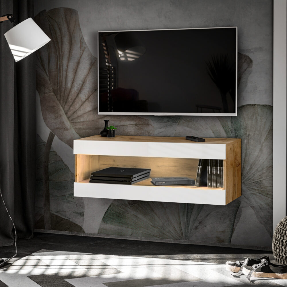 TV-Schrank, Tivoli RTV2, Wotan/Weiß, Breite 100cm x Höhe 36cm x Tiefe 35cm, ohne LED, für das Wohnzimmer, Schlafzimmer