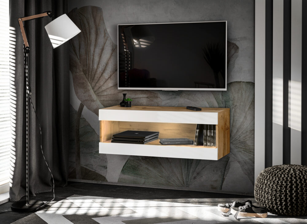 TV-Schrank, Tivoli RTV2, Wotan/Weiß, Breite 100cm x Höhe 36cm x Tiefe 35cm, ohne LED, für das Wohnzimmer, Schlafzimmer – Bild 1