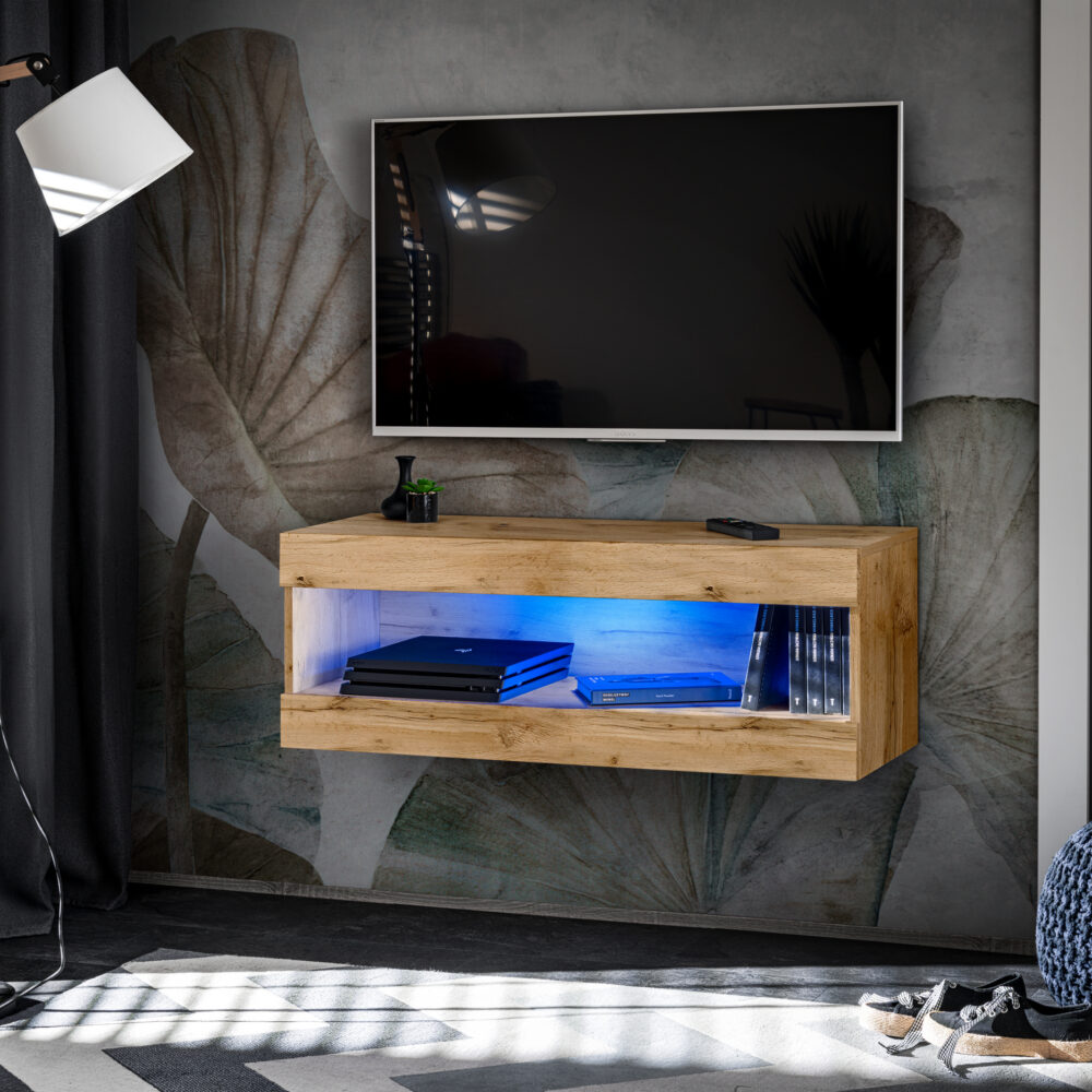 TV-Schrank, Tivoli RTV2, Wotan/Wotan, Breite 100cm x Höhe 36cm x Tiefe 35cm, LED Blau, für das Wohnzimmer, Schlafzimmer
