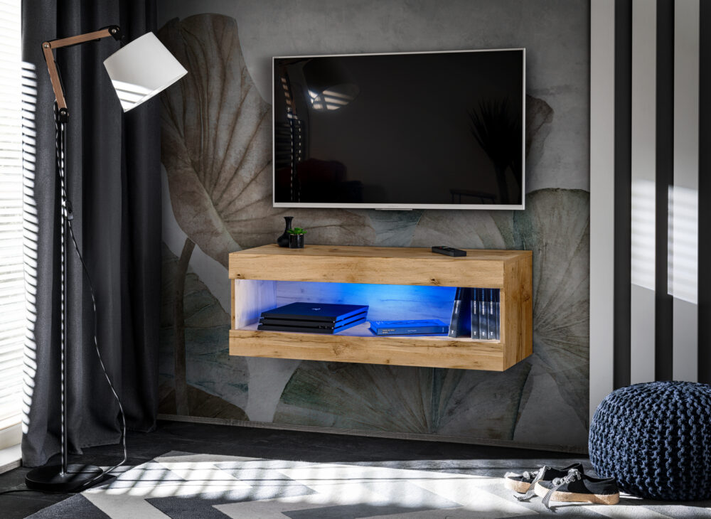TV-Schrank, Tivoli RTV2, Wotan/Wotan, Breite 100cm x Höhe 36cm x Tiefe 35cm, LED Blau, für das Wohnzimmer, Schlafzimmer – Bild 1