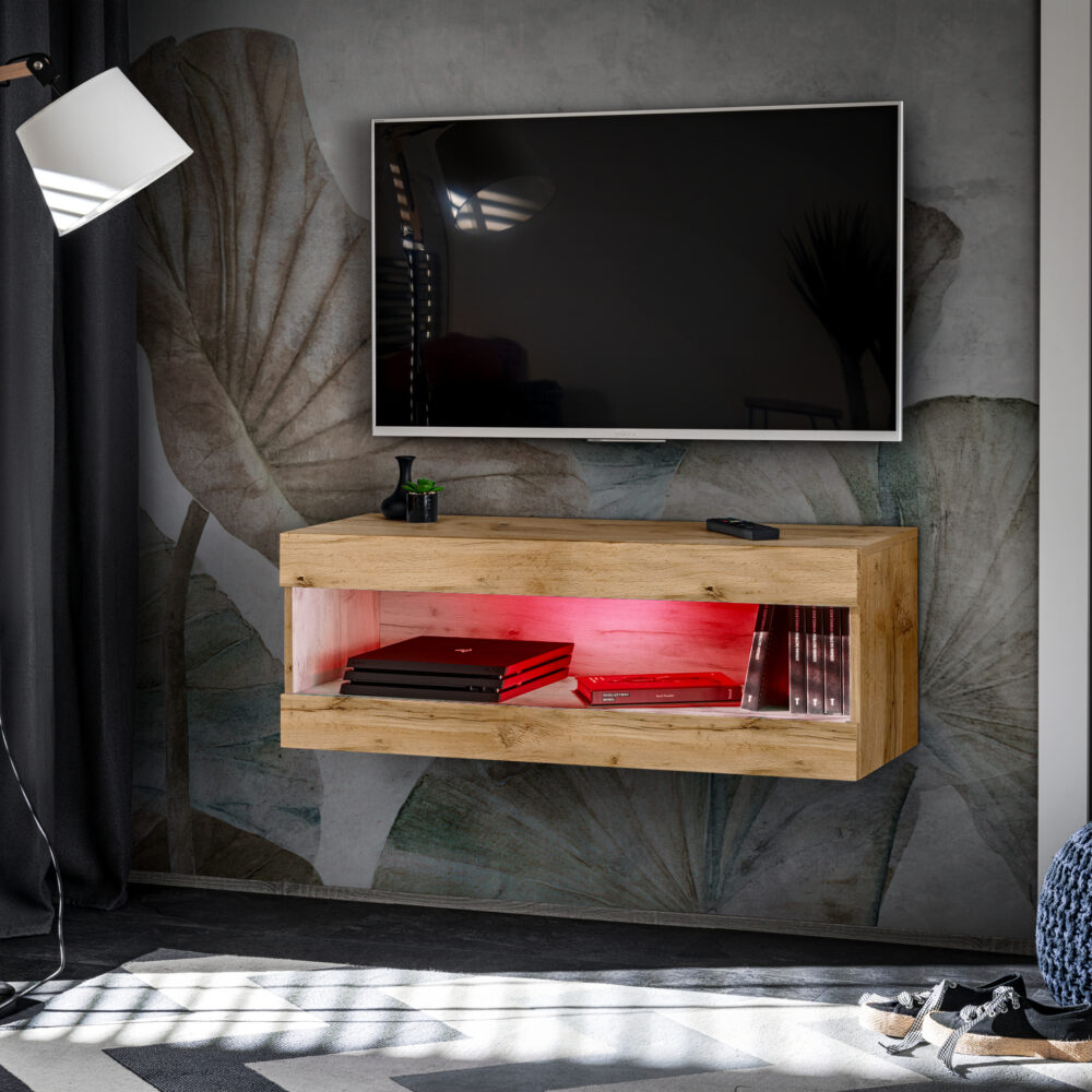 TV-Schrank, Tivoli RTV2, Wotan/Wotan, Breite 100 cm x Höhe 36 cm x Tiefe 35 cm, LED RGB, für das Wohnzimmer, Schlafzimmer