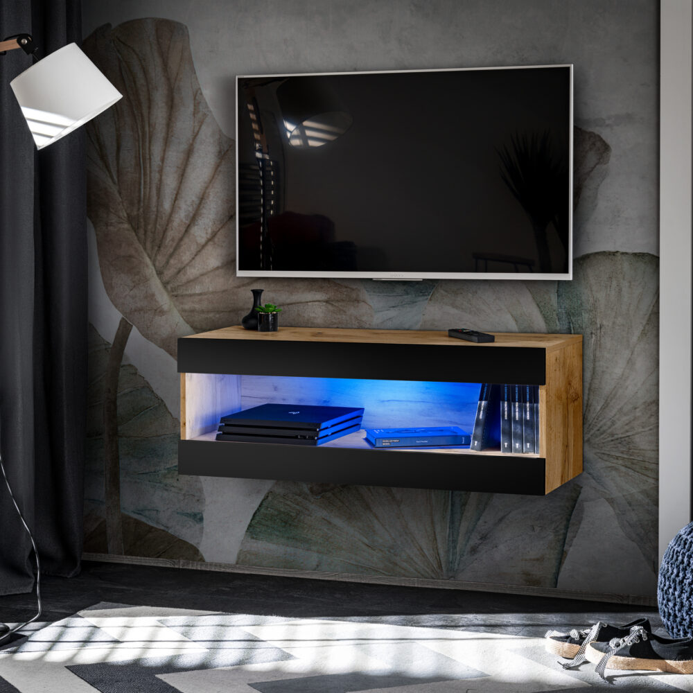 TV-Schrank, Tivoli RTV2, Wotan/Schwarz, Breite 100cm x Höhe 36cm x Tiefe 35cm, LED Blau, für das Wohnzimmer, Schlafzimmer