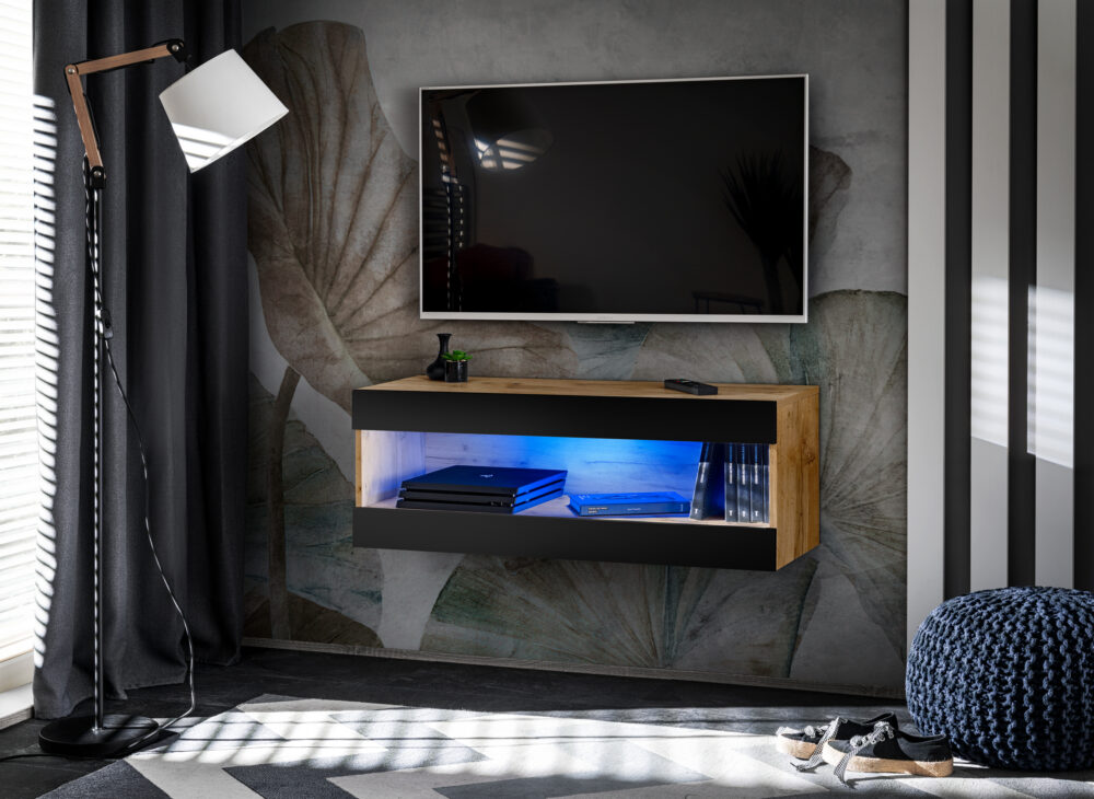 IRTVI044W049000K1XXX_01.jpg TV-Schrank, Tivoli RTV2, Wotan/Schwarz, Breite 100cm x Höhe 36cm x Tiefe 35cm, LED Blau, für das Wohnzimmer, Schlafzimmer – Bild 1