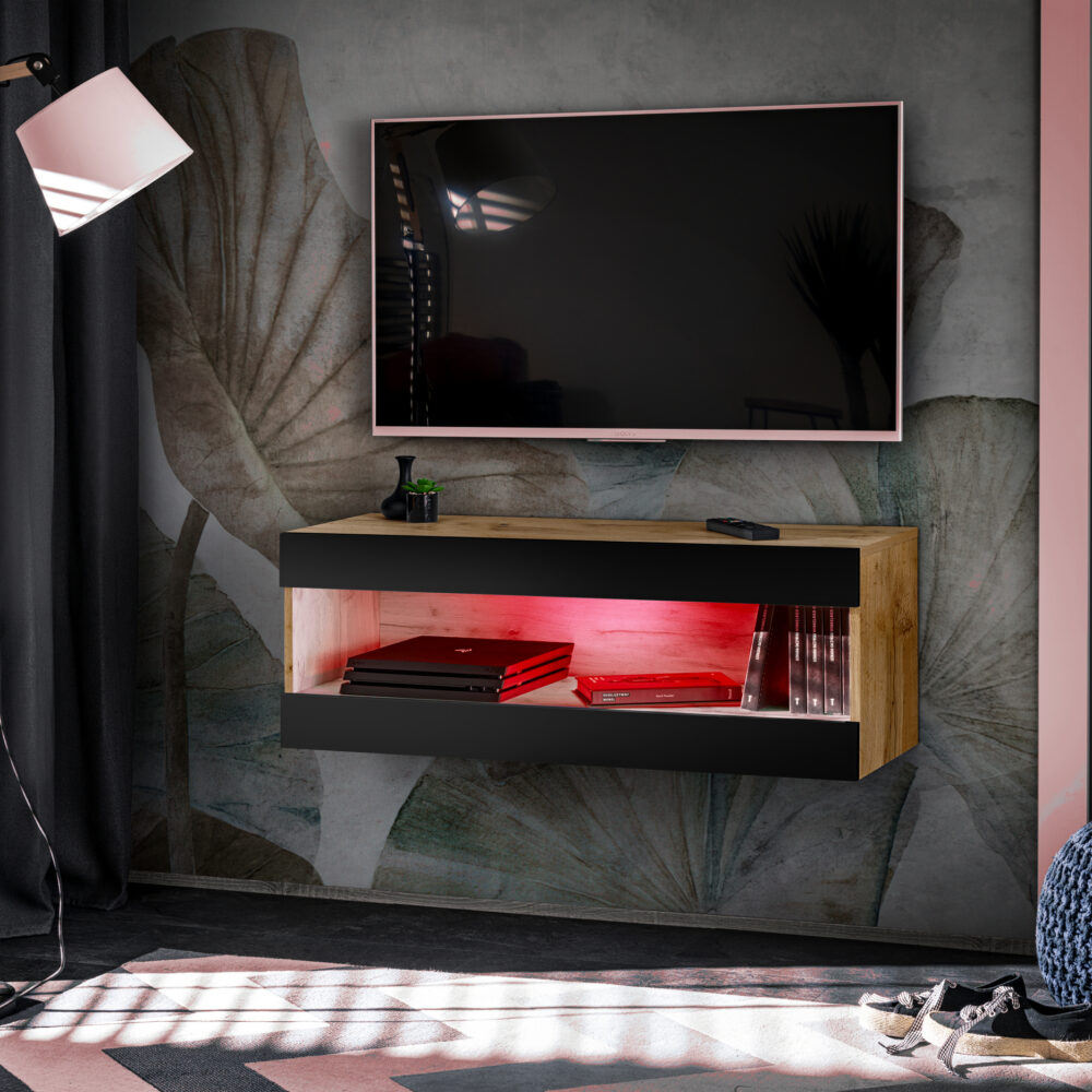 TV-Schrank, Tivoli RTV2, Wotan/Schwarz, Breite 100cm x Höhe 36cm x Tiefe 35cm, LED RGB, für das Wohnzimmer, Schlafzimmer