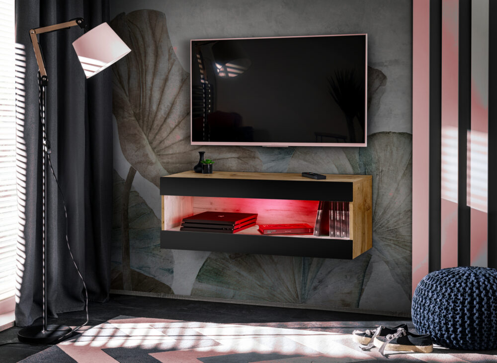 TV-Schrank, Tivoli RTV2, Wotan/Schwarz, Breite 100cm x Höhe 36cm x Tiefe 35cm, LED RGB, für das Wohnzimmer, Schlafzimmer – Bild 1