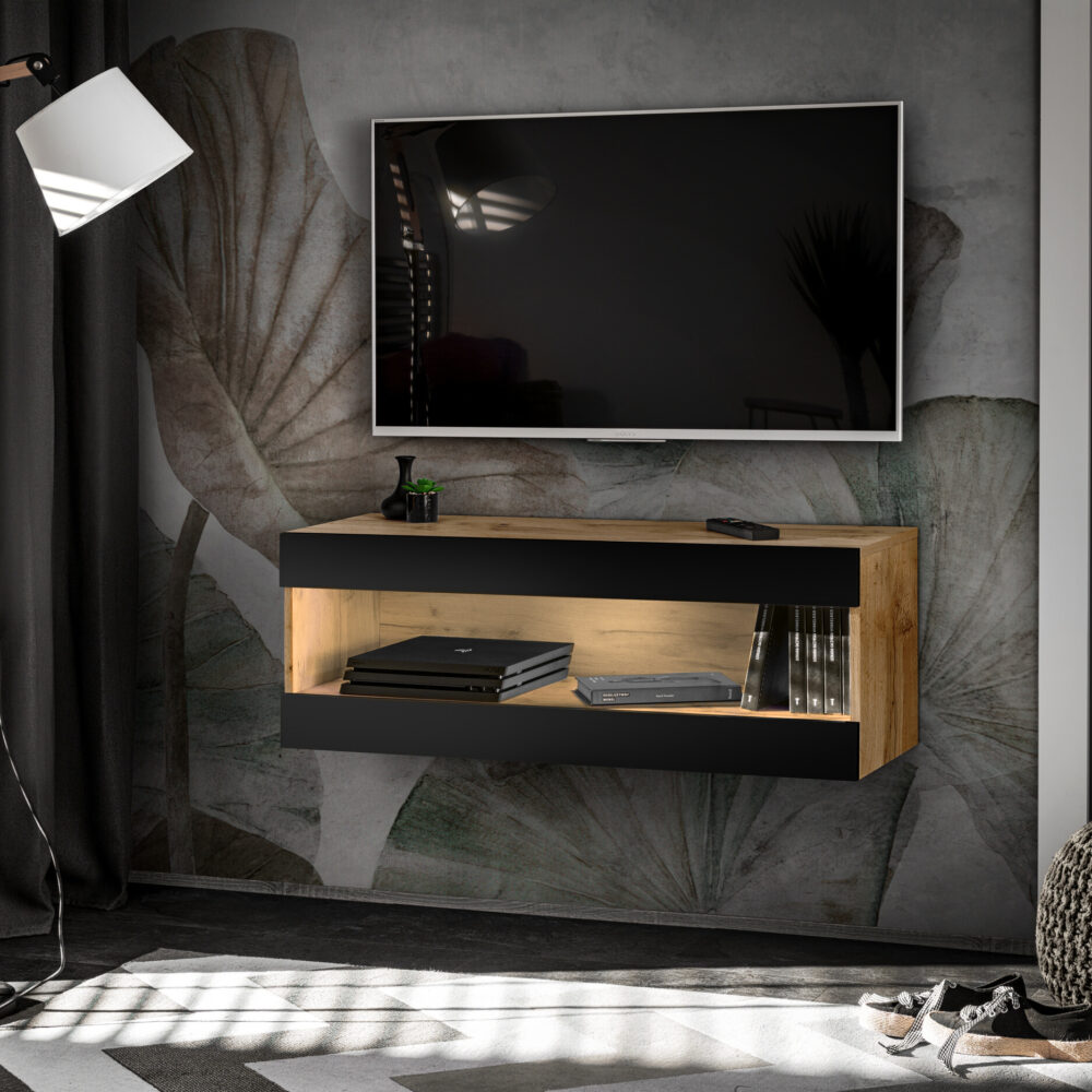 TV-Schrank, Tivoli RTV2, Wotan/Schwarz, Breite 100cm x Höhe 36cm x Tiefe 35cm, ohne LED, für das Wohnzimmer, Schlafzimmer
