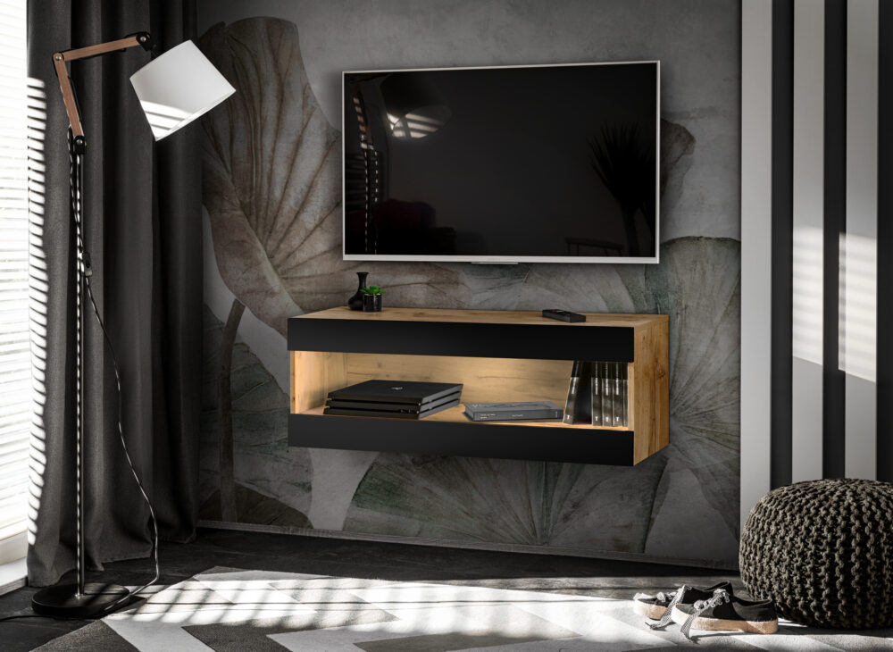 TV-Schrank, Tivoli RTV2, Wotan/Schwarz, Breite 100cm x Höhe 36cm x Tiefe 35cm, ohne LED, für das Wohnzimmer, Schlafzimmer – Bild 1