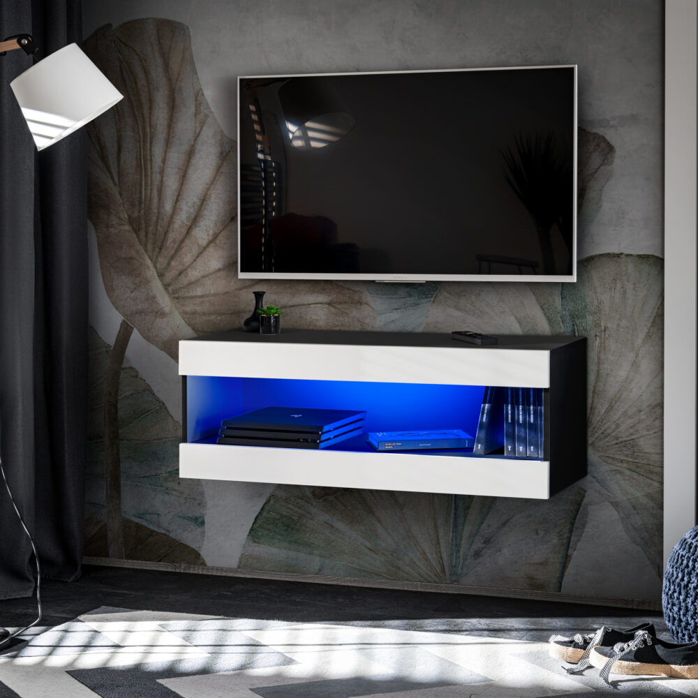 TV-Schrank, Tivoli RTV2, Schwarz/Weiß, Breite 100cm x Höhe 36cm x Tiefe 35cm, LED Blau, für Wohnzimmer, Schlafzimmer