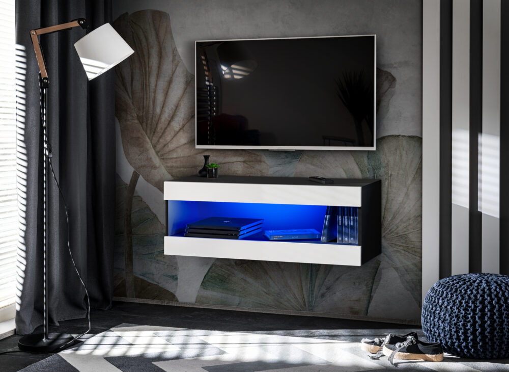 TV-Schrank, Tivoli RTV2, Schwarz/Weiß, Breite 100cm x Höhe 36cm x Tiefe 35cm, LED Blau, für Wohnzimmer, Schlafzimmer – Bild 1