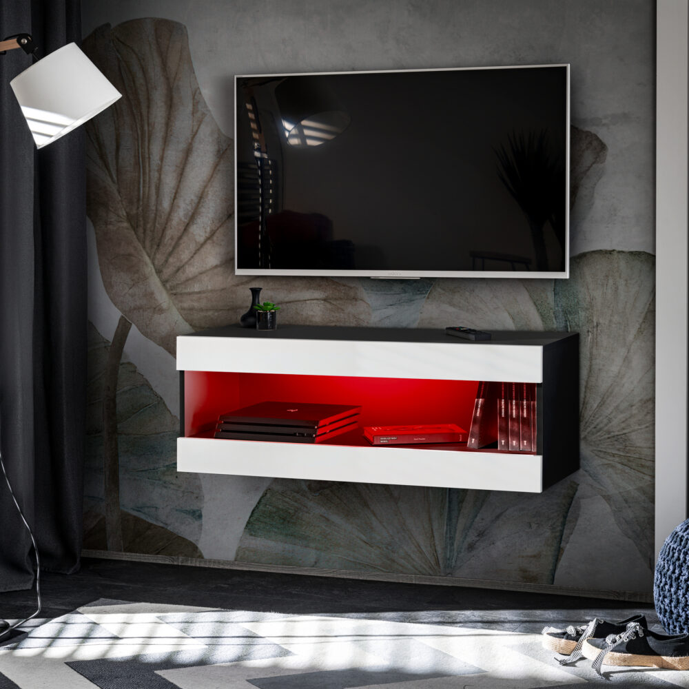 TV-Schrank, Tivoli RTV2, Schwarz/Weiß, Breite 100cm x Höhe 36cm x Tiefe 35cm, LED RGB, für das Wohnzimmer, Schlafzimmer