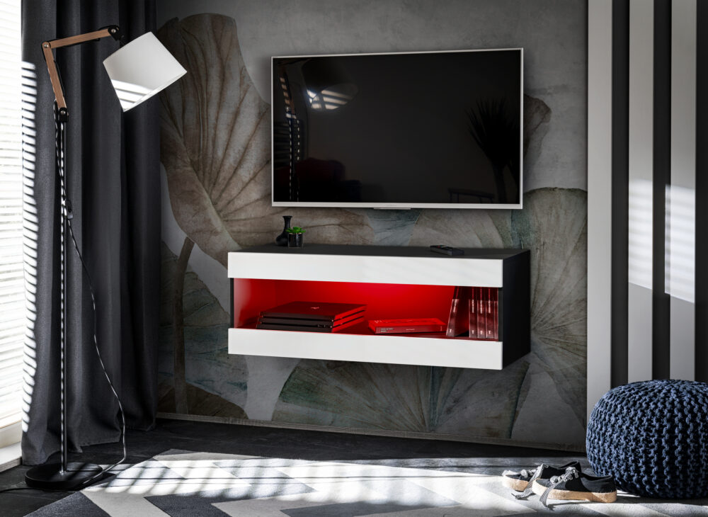 TV-Schrank, Tivoli RTV2, Schwarz/Weiß, Breite 100cm x Höhe 36cm x Tiefe 35cm, LED RGB, für das Wohnzimmer, Schlafzimmer – Bild 1
