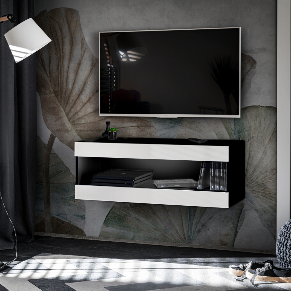 TV-Schrank, Tivoli RTV2, Schwarz/Weiß, Breite 100 cm x Höhe 36 cm x Tiefe 35 cm, ohne LED, für das Wohnzimmer, Schlafzimmer