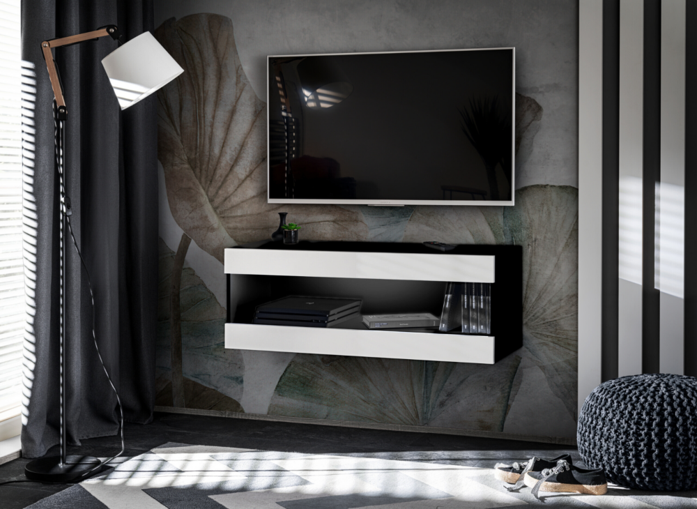 TV-Schrank, Tivoli RTV2, Schwarz/Weiß, Breite 100 cm x Höhe 36 cm x Tiefe 35 cm, ohne LED, für das Wohnzimmer, Schlafzimmer – Bild 1