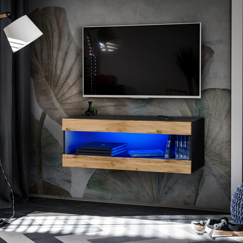 TV-Schrank, Tivoli RTV2, Schwarz/Wotan, Breite 100cm x Höhe 36cm x Tiefe 35cm, LED Blau, für das Wohnzimmer, Schlafzimmer