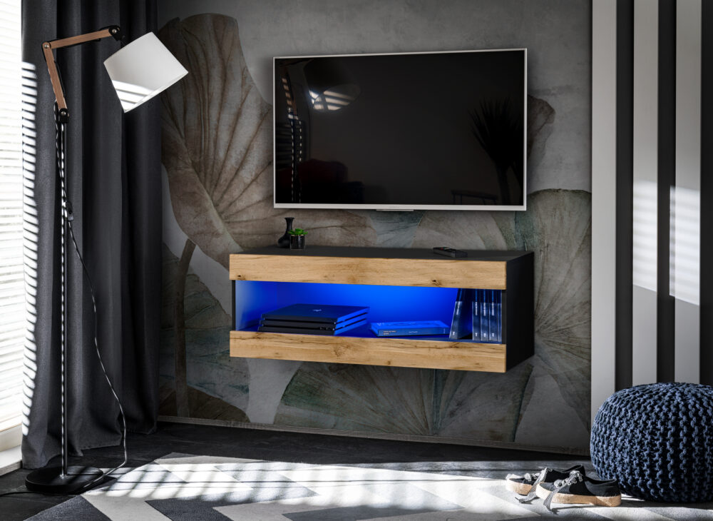 IRTVI0490004W04K1XXX_01.jpg TV-Schrank, Tivoli RTV2, Schwarz/Wotan, Breite 100cm x Höhe 36cm x Tiefe 35cm, LED Blau, für das Wohnzimmer, Schlafzimmer – Bild 1