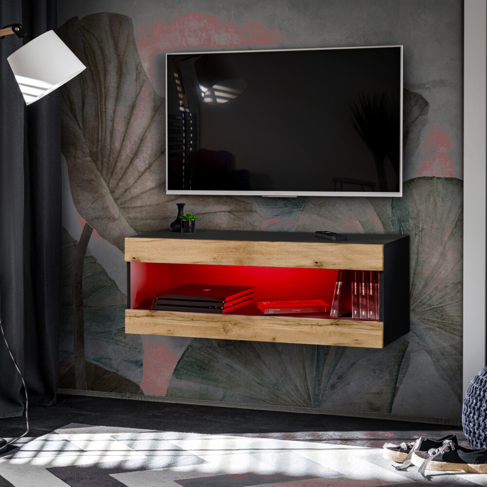 TV-Schrank, Tivoli RTV2, Schwarz/Wotan, Breite 100cm x Höhe 36cm x Tiefe 35cm, LED RGB, für das Wohnzimmer, Schlafzimmer