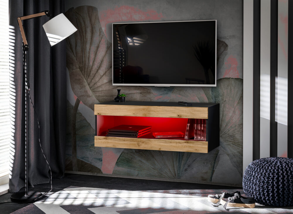 IRTVI0490004W04KRXXX_01.jpg TV-Schrank, Tivoli RTV2, Schwarz/Wotan, Breite 100cm x Höhe 36cm x Tiefe 35cm, LED RGB, für das Wohnzimmer, Schlafzimmer – Bild 1