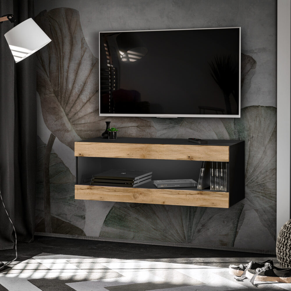 TV-Schrank, Tivoli RTV2, Schwarz/Wotan, Breite 100cm x Höhe 36cm x Tiefe 35cm, ohne LED, für das Wohnzimmer, Schlafzimmer
