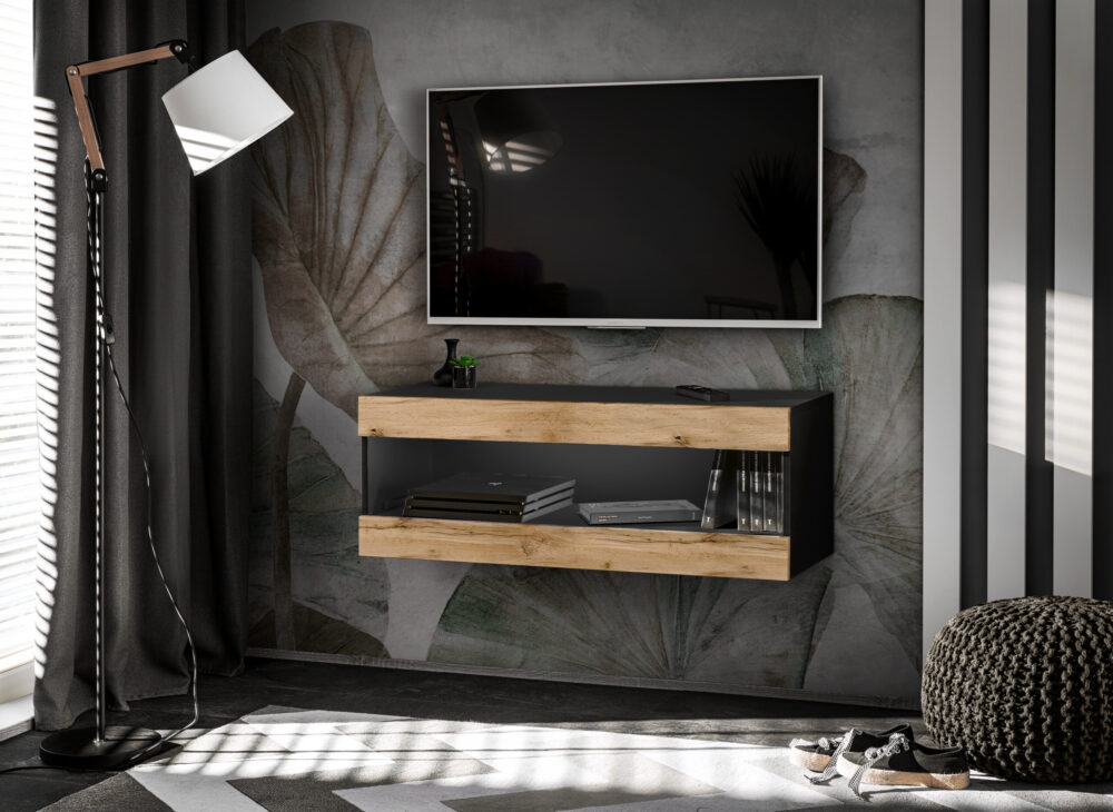 TV-Schrank, Tivoli RTV2, Schwarz/Wotan, Breite 100cm x Höhe 36cm x Tiefe 35cm, ohne LED, für das Wohnzimmer, Schlafzimmer – Bild 1
