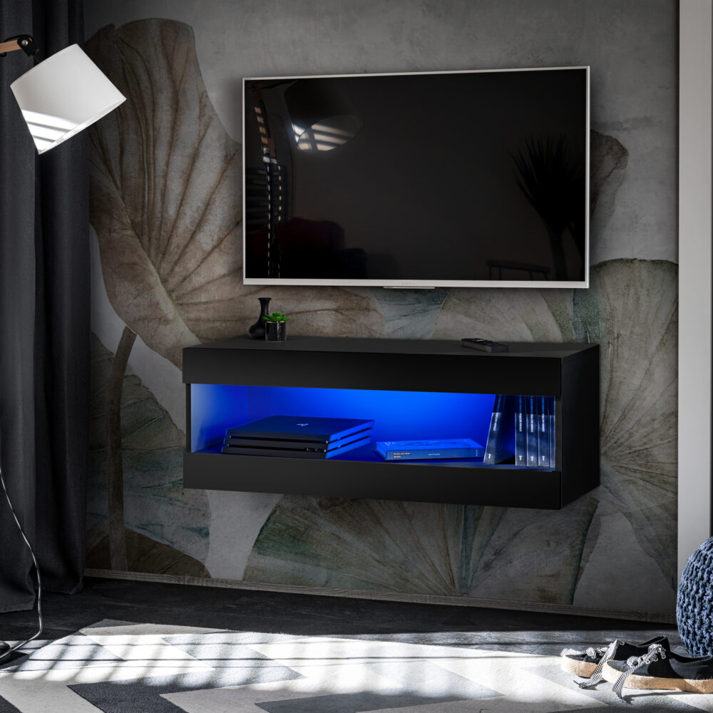 TV-Schrank, Tivoli RTV2, Schwarz/Schwarz, Breite 100cm x Höhe 36cm x Tiefe 35cm, LED Blau, für das Wohnzimmer, Schlafzimmer