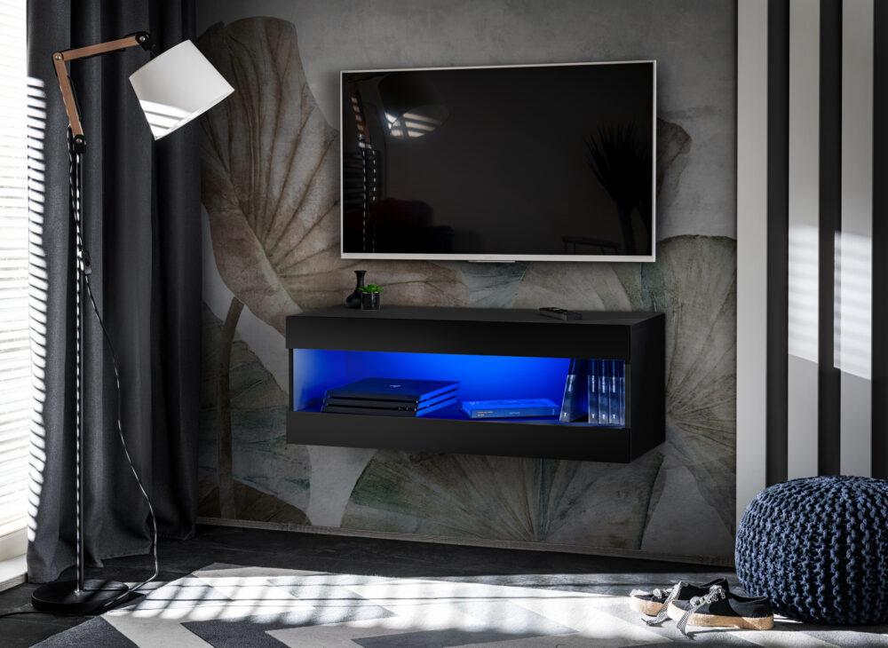 TV-Schrank, Tivoli RTV2, Schwarz/Schwarz, Breite 100cm x Höhe 36cm x Tiefe 35cm, LED Blau, für das Wohnzimmer, Schlafzimmer – Bild 1