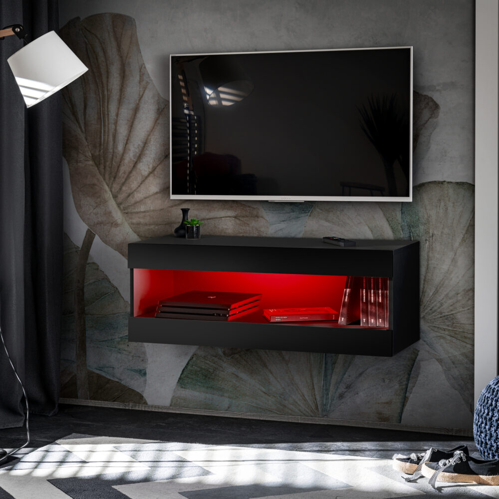 TV-Schrank, Tivoli RTV2, Schwarz/Schwarz, Breite 100 cm x Höhe 36 cm x Tiefe 35 cm, LED RGB, für das Wohnzimmer, Schlafzimmer