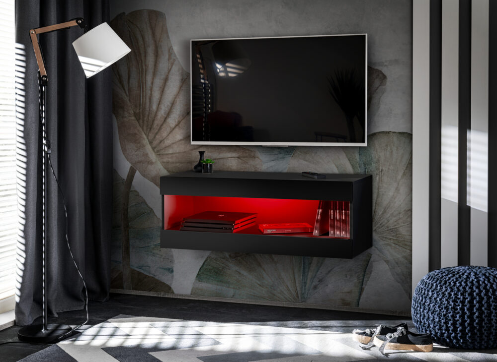 IRTVI0490009000KRXXX_01.jpg TV-Schrank, Tivoli RTV2, Schwarz/Schwarz, Breite 100 cm x Höhe 36 cm x Tiefe 35 cm, LED RGB, für das Wohnzimmer, Schlafzimmer – Bild 1