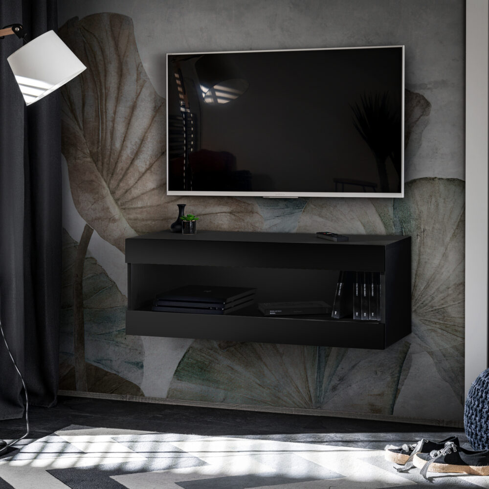 TV-Schrank, Tivoli RTV2, Schwarz/Schwarz, Breite 100cm x Höhe 36cm x Tiefe 35cm, ohne LED, für das Wohnzimmer, das Schlafzimmer