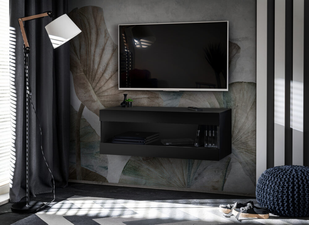 TV-Schrank, Tivoli RTV2, Schwarz/Schwarz, Breite 100cm x Höhe 36cm x Tiefe 35cm, ohne LED, für das Wohnzimmer, das Schlafzimmer – Bild 1
