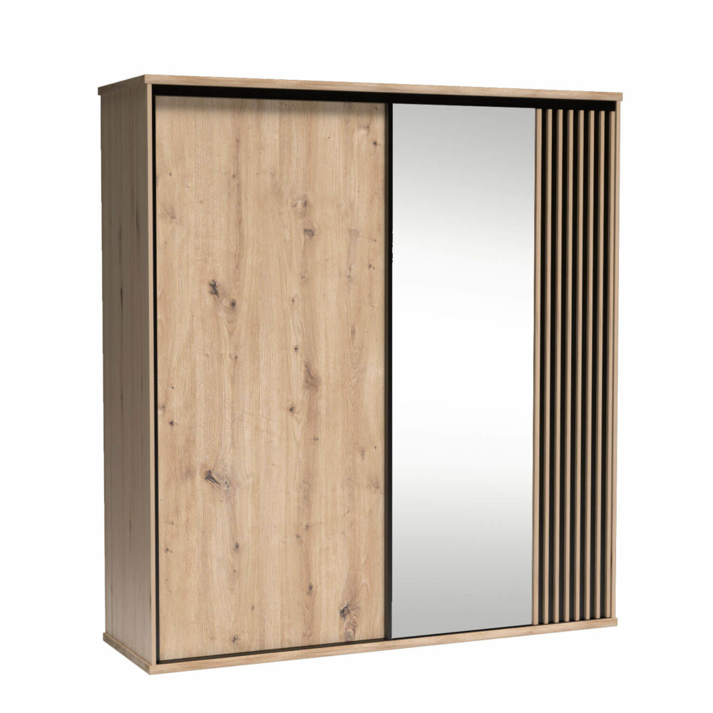 NAKUSPJAR000008_00.jpg Großer Schrank NAKUSP - Eiche - Lamellen - Spiegel - Schiebetür - 199 x 216 x 61 cm – Bild 1