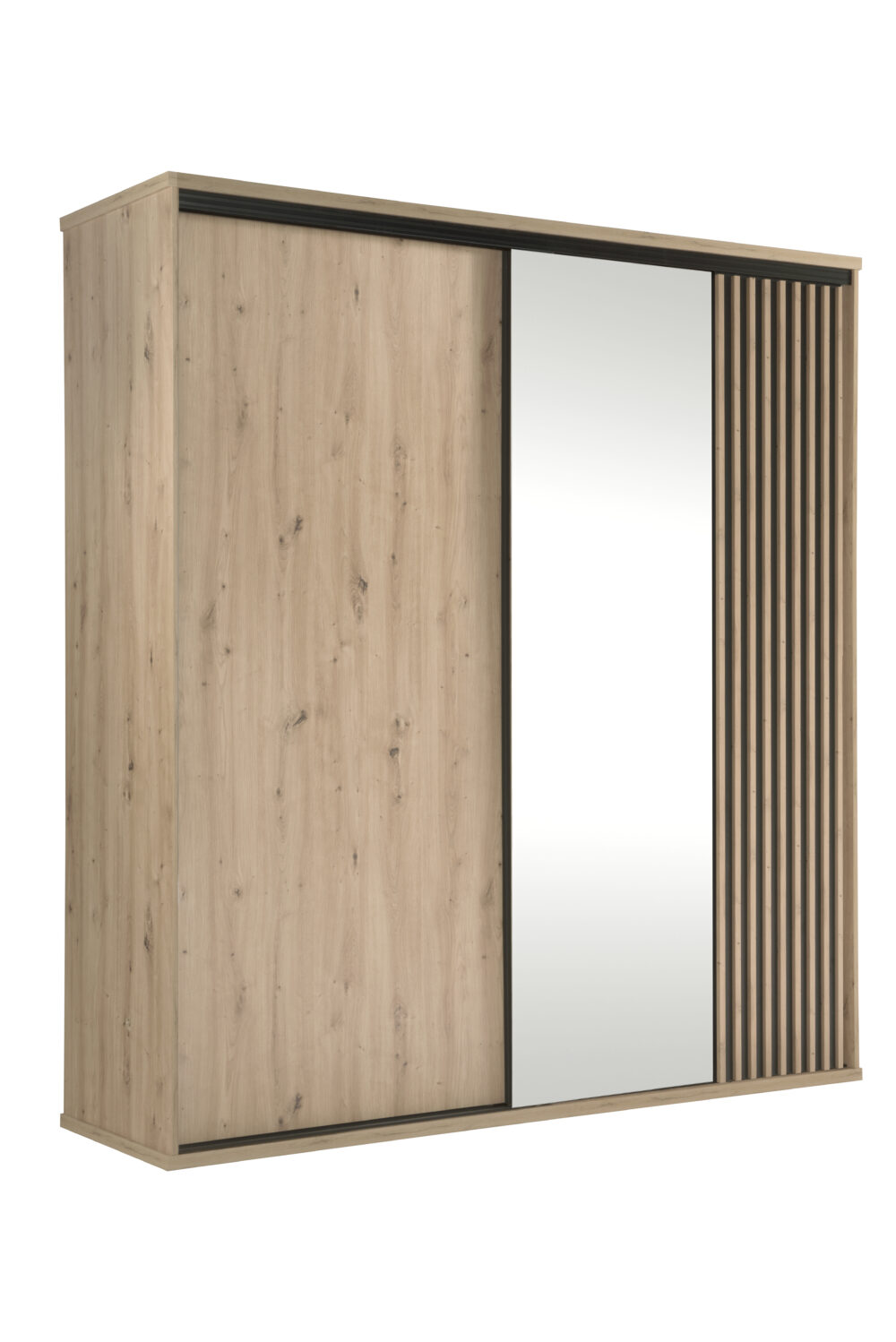 Großer Schrank NAKUSP - Eiche - Lamellen - Spiegel - Schiebetür - 199 x 216 x 61 cm – Bild 6