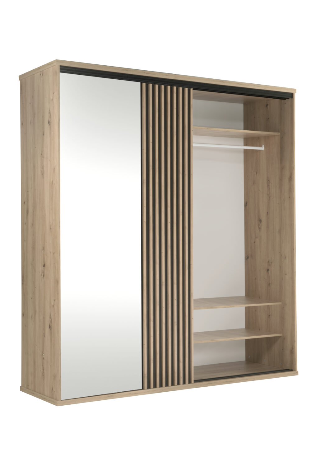 Großer Schrank NAKUSP - Eiche - Lamellen - Spiegel - Schiebetür - 199 x 216 x 61 cm – Bild 7