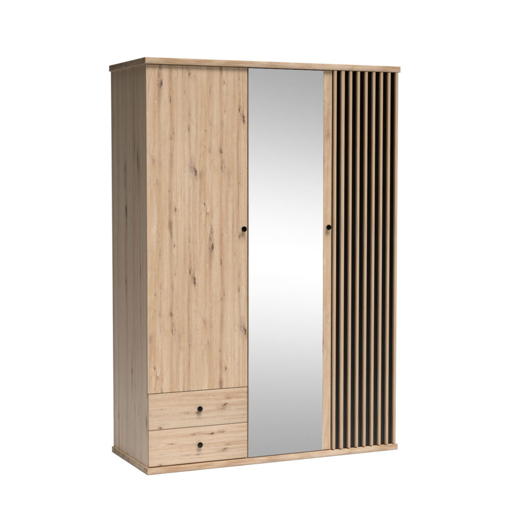 Großer Schrank NAKUSP - Eiche - Lamellen - Spiegel - Öffnend - 150 x 213 x 60 cm