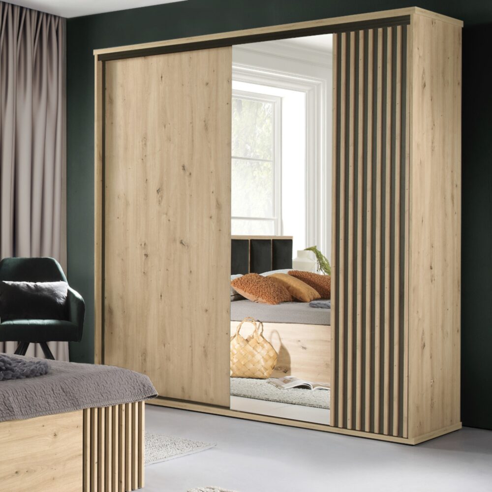 Großer Schrank NAKUSP - Eiche - Lamellen - Spiegel - Öffnend - 150 x 213 x 60 cm – Bild 2