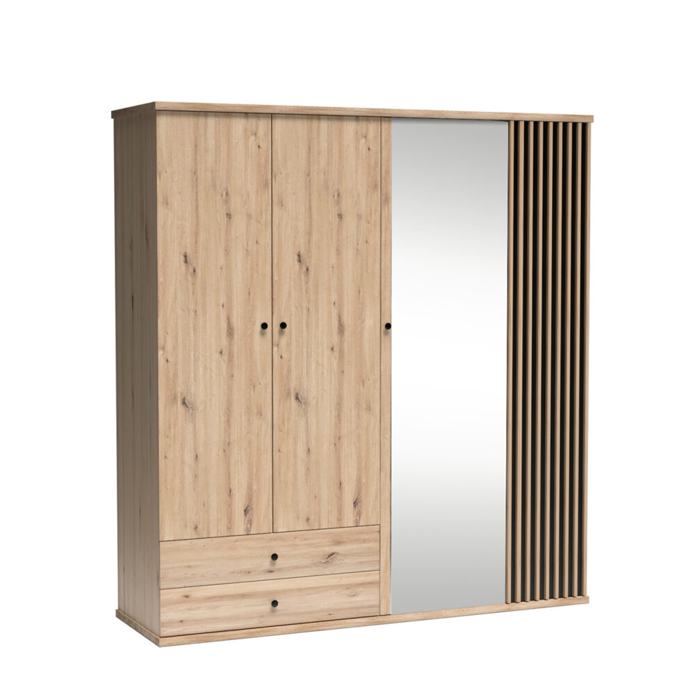 Großer Schrank NAKUSP - Eiche - Lamellen - Spiegel - Türöffnung - 200 x 213 x 60 cm