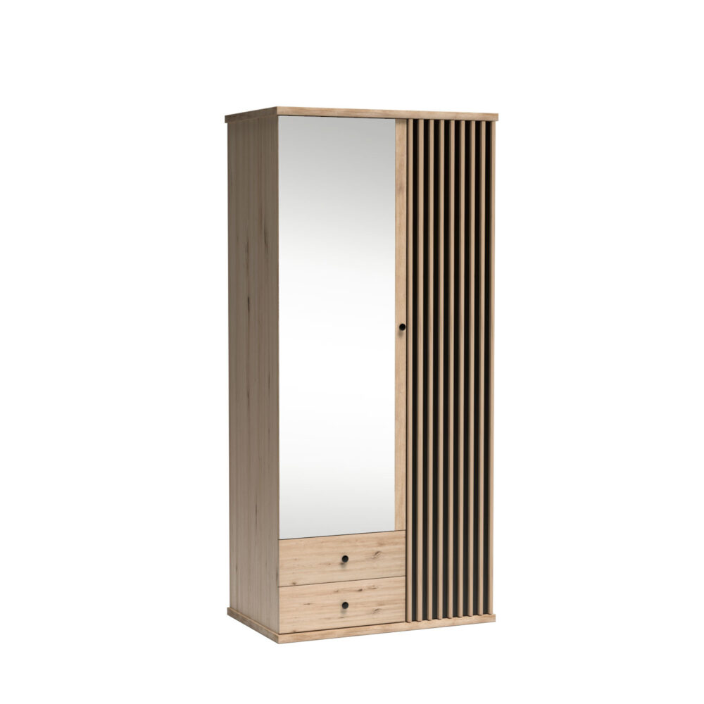 Großer Schrank NAKUSP - Eiche - Lamellen - Spiegel - Offen - 100 x 213 x 60 cm
