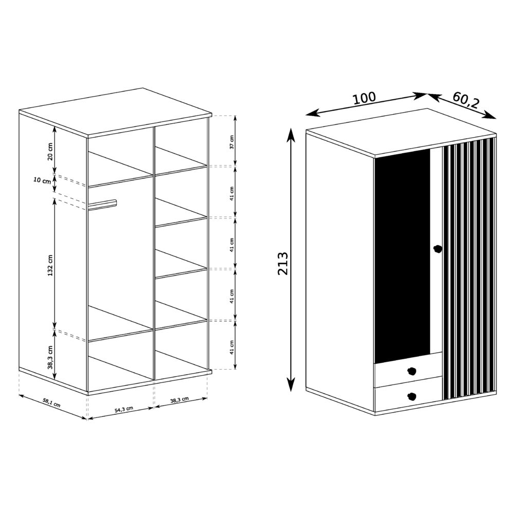 Großer Schrank NAKUSP - Eiche - Lamellen - Spiegel - Offen - 100 x 213 x 60 cm – Bild 3