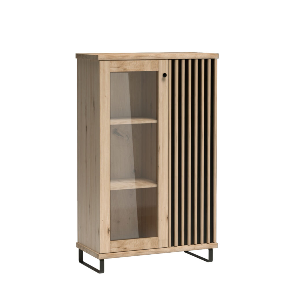 Vitrine Stojąca NAKUSP - Eiche - Lamellen - Beleuchtung - 87 x 132 x 41 cm