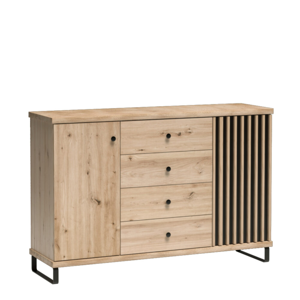 Commode NASKUP - Eiche - Lamellen - Schubladen - Metallfüße - 143 x 86 x 41 cm