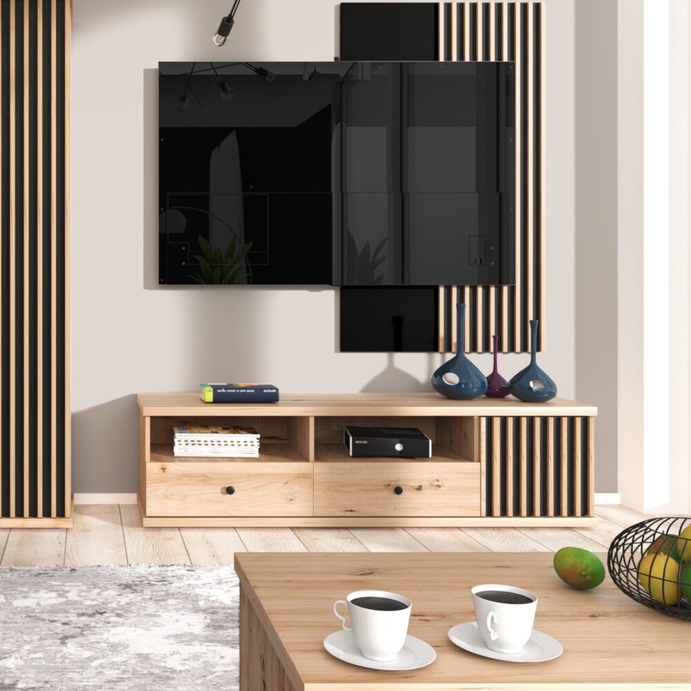 TV-Schrank NAKUSP - Eiche - Lamellen - Schubladen - 161 x 44 x 41 cm – Bild 2