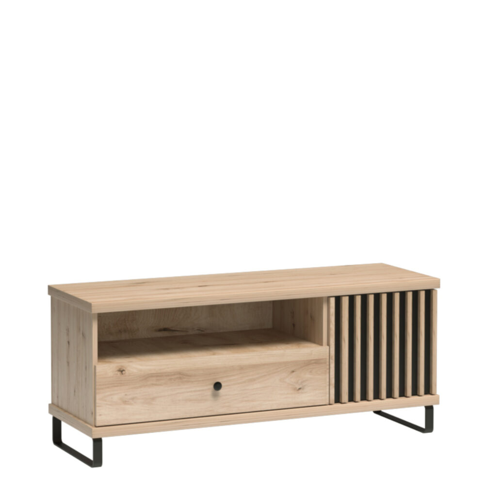 TV-Schrank NAKUSP - Eiche - Lamellen - Schublade - Metallbeine - 124 x 44 x 41 cm