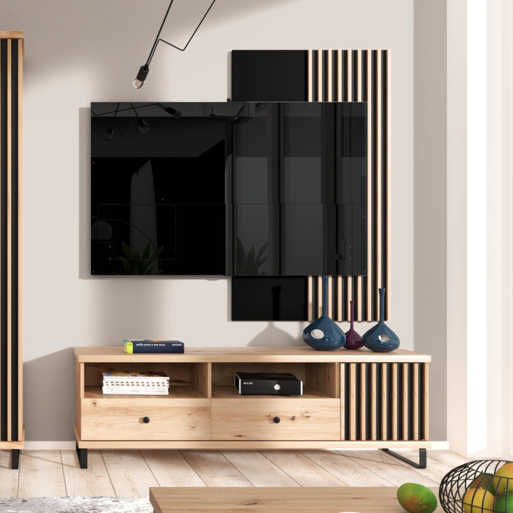 TV-Schrank NAKUSP - Eiche - Lamellen - Schublade - Metallbeine - 124 x 44 x 41 cm – Bild 2